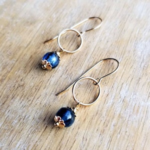 Natural Blue Kyanite Gemstone Earrings, Small Blue Dangle Earrings Gold, Dainty Blue Earrings, Small Round Blue Gemstone Earrings Gold