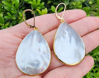 Mother of Pearl Shell Earrings Gold, Large Teardrop Dangle Earrings, Lever Back Earrings, Bridal Wedding Earrings, Summer Earrings