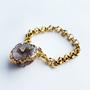Gold Rolo Chain Toggle Bracelet, Large Druzy Agate Geode Charm Bracelet, Chunky Gold Toggle Bracelet, Pretty Gold Rolo Chain Bracelet