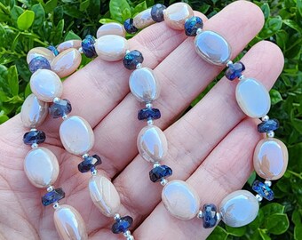 Mystic Peach Moonstone Gemstone Choker Necklace Sterling Silver, Mystic Labradorite Gemstone Necklace, Oval Shape Gemstone Beaded Necklace