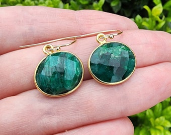 Emerald Gemstone Earrings Gold, Oval Shape Emerald Earrings, Dark Green Earrings, Dainty Green Earrings, One Inch Earrings, May Birthstone