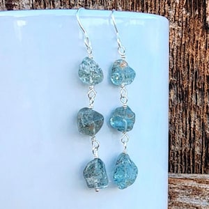 Aquamarine Gemstone Dangle Earrings Sterling Silver, Long Blue Earrings, Organic Earrings, Three Stone Earrings, March Birthstone Earrings