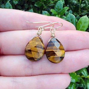 Tigers Eye Gemstone Dangle Earrings Gold, Tigers Eye Jewelry, Tigers Eye Teardrop Gemstone Dangle and Drop Earrings, Golden Brown Earrings