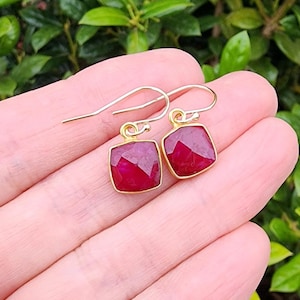 Pink Ruby Gemstone Earrings Gold, Dainty Small Pink Square Shape Gemstone Dangle Earrings, July Birthstone Earrings, Everyday Ruby Jewelry