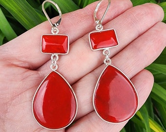 Red Coral Earrings Sterling Silver Lever Back, Big Red Teardrop Lightweight Earrings, Indonesian Red Coral, Bright Apple Red Dangle Earrings