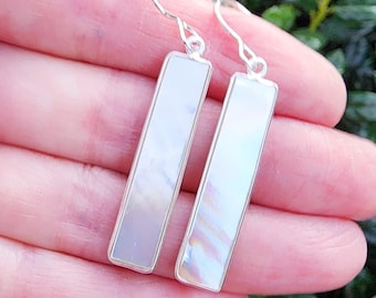 Mother of Pearl Earrings Sterling Silver, Rectangle Earrings, Bar Earrings, Shell Earrings, Bridal Earrings, Sleek Earrings, White Earrings