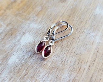 Small Garnet Earrings, Garnet Earrings Sterling Silver Lever Backs, Dainty Red Earrings, Garnet Dangle and Drop Earrings, January Birthstone