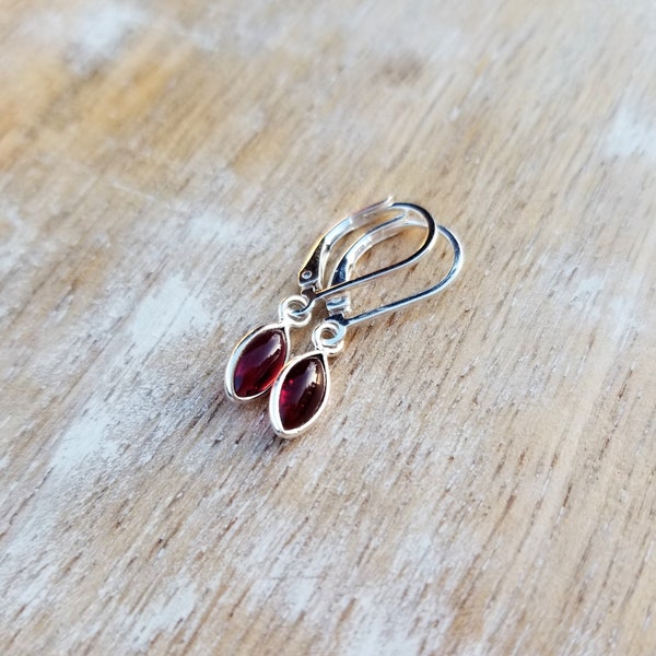 Small Garnet Earrings, Garnet Earrings Sterling Silver Lever Backs, Dainty Red Earrings, Garnet Dangle and Drop Earrings, January Birthstone