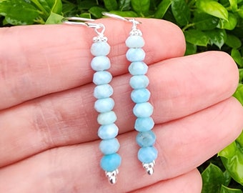 Larimar Gemstone Earrings Sterling Silver, Dainty Blue Gemstone Earrings, Stacked Earrings, Larimar Jewelry, Pretty Blue Summer Earrings