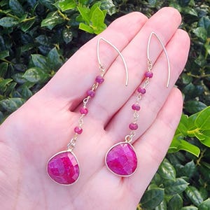 Ruby Gemstone Dangle Earrings Gold, Pretty Pink Ruby Teardrop Earrings, Ruby Long Dangle Earrings, July Birthstone Earrings, Ruby Jewelry