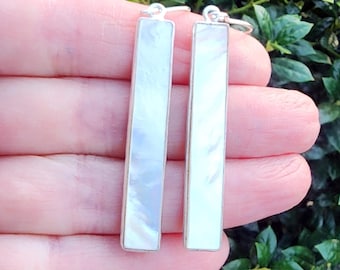 Mother of Pearl Earrings Sterling Silver, Long Skinny Rectangle Bar Earrings, White Shell Earrings, Bridal Earrings, Lightweight Earrings