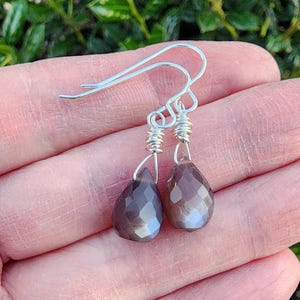 Chocolate Moonstone Gemstone Earrings Sterling Silver, Small Brown Teardrop Gemstone Dangle Earrings, Briolette Earrings, Everyday Earrings