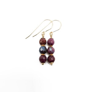 Ruby in Kyanite Gemstone Dangle Earrings Gold, Small Dainty Pink and Blue Handmade Gemstone Earrings, Stacked Earrings, Three Stone Earrings