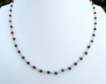 Ruby Emerald Sapphire Gemstone Choker Necklace Gold, Colorful Pink Green Blue Gemstone Necklace, 16 Inch Necklace, September Birthstone