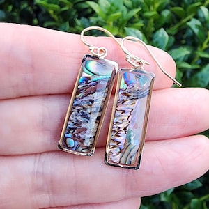 May include: A pair of rectangular earrings with iridescent abalone shell inserts set in gold-colored frames. The earrings have a hook closure and are displayed against a blurred green background.
