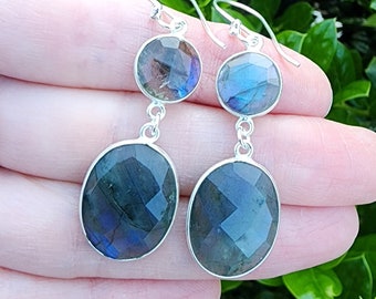 Labradorite Gemstone Dangle Earrings Sterling Silver, Labradorite Gemstone Statement Earrings, Two Stone  Oval Shape Gemstone Earrings