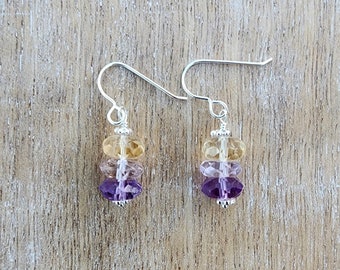 Ametrine Gemstone Dangle Earrings Sterling Silver, Rondelle Gemstone Earrings, Stacked Gemstone Earrings, Amethyst and Citrine Earrings