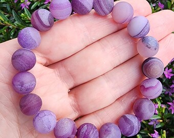 Purple Agate Gemstone Bracelet, Matte Agate 10mm Gemstone Bracelet, Chunky Purple Statement Bracelet, Stacking Bracelets, Handmade Bracelets