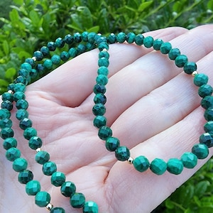 Malachite Beaded Gemstone Necklace Gold, Malachite Jewelry, Pretty Green Gemstone Necklace, 17 Inch Necklace, Minimalist Layering Necklace