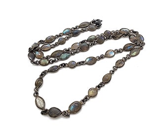 Labradorite Gemstone Necklace, 22 Inch Necklace, Long Gemstone Gunmetal Necklace, Everyday Necklace, Pretty Labradorite Necklace