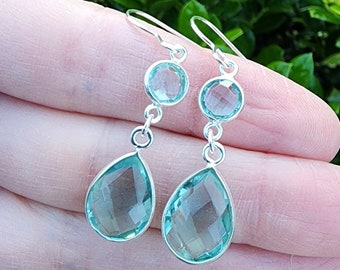 Aquamarine Blue Quartz Gemstone Earrings Sterling Silver, Light Blue Teardrop Gemstone Dangle Earrings, Dainty Beautiful Aqua Blue Earrings