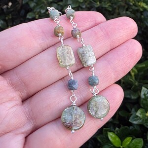 Green Kyanite Gemstone Dangle Earrings Sterling Silver, Ruby in Kyanite, Blue and Green Wire Wrapped Earrings, Rectangle Circle Earrings