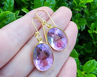 Pink Hydro Quartz Crystal Earrings Gold, Pastel Color Earrings, Pretty Pink and Purple Oval Shape Dangle Earrings, Spring Summer Earrings