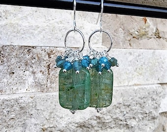 Green Kyanite Gemstone Earrings Sterling Silver, Rectangle Earrings, Blue and Green Earrings, Apatite Gemstone Earrings, Cluster Earrings