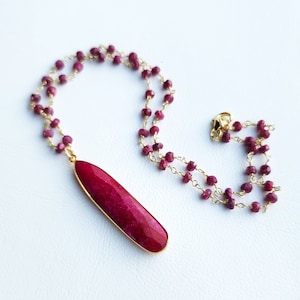 Ruby Gemstone Necklace Gold, Ruby Gemstone Teardrop Pendant, Dainty Pink Gemstone Necklace, Layering Necklace, 18 Inch Pink Necklace Gold