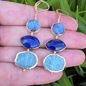 Labradorite Lapis Lazuli Amazonite Gemstone Dangle Earrings, Gold Filled Lever Back, Artisan Earrings, Blue and Green Geometric Earrings