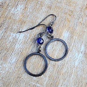 Tanzanite Gemstone Earrings Oxidized Sterling Silver, Oxidized Hoop Earrings, Two Inch Earrings, Pretty Purple Gemstone Earrings