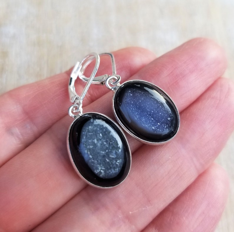 Black Agate Druzy Gemstone Earrings Black Agate Sparkly Earrings Small Black Oval Gemstone Earrings Sterling Silver Lever Back Earrings