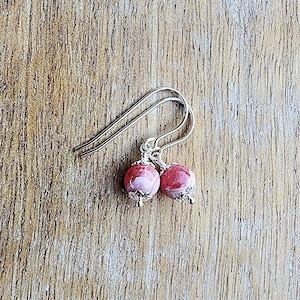 Natural Pink Rhodochrosite Gemstone Earrings, Small Pink Dangle Earrings Sterling Silver, Dainty Pink Earrings, Small Round Pink Earrings