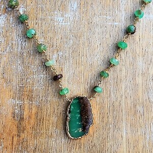 Chrysoprase Gemstone Necklace Gold, Chrysoprase Pendant Necklace, Pretty Green and Brown Gemstone Necklace, 18 Inch Gemstone Necklace