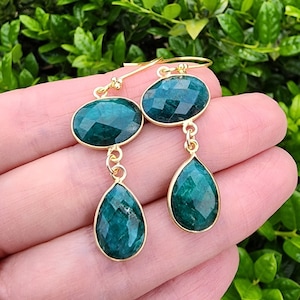 Emerald Gemstone Earrings Gold, Emerald Teardrop Earrings, Dark Green Earrings, Dainty Green Earrings, Two Inch Earrings, May Birthstone