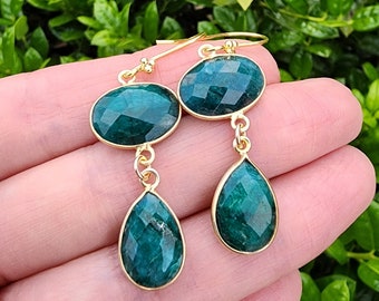 Emerald Gemstone Earrings Gold, Emerald Teardrop Earrings, Dark Green Earrings, Dainty Green Earrings, Two Inch Earrings, May Birthstone