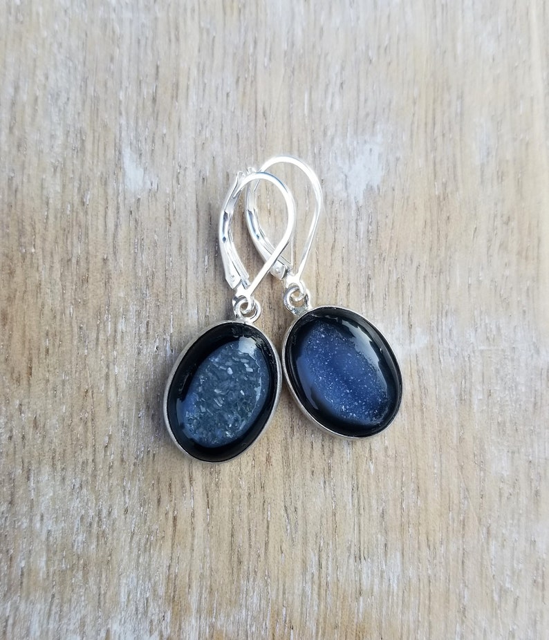 Black Agate Druzy Gemstone Earrings Black Agate Sparkly Earrings Small Black Oval Gemstone Earrings Sterling Silver Lever Back Earrings