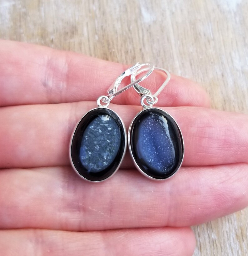 Black Agate Druzy Gemstone Earrings Black Agate Sparkly Earrings Small Black Oval Gemstone Earrings Sterling Silver Lever Back Earrings