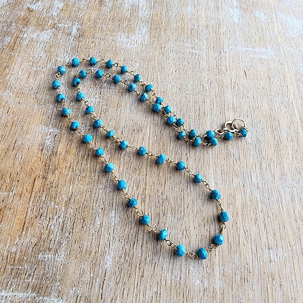 Blue Turquoise Gemstone Choker Necklace Gold, Dainty Turquoise Beaded Necklace, 16 Inch Necklace, December Birthstone, Layering Necklace