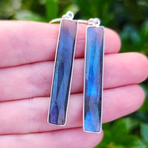 Labradorite Gemstone Rectangle Bar Earrings Sterling Silver, Geometric Earrings, Skinny Bar Earrings, Flashy Blue Labradorite Dangle Earring