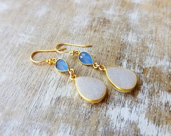 Gold Blue Chalcedony Earrings, White Druzy Teardrop Earrings, White Pear Shape Druzy Earrings, Chalcedony Earrings, Blue and White Earrings