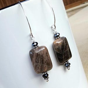 Beautiful Black Moonstone Gemstone Earrings Sterling Silver, Black Gray Brown Gemstone Earrings, Rectangle Shape Gemstone Dangle Earrings