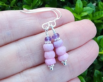 Pink Opal Gemstone Earrings Sterling Silver, Amethyst Earrings, Small Dainty Pink and Purple Earrings, Stacked Earrings, Rondelle Earrings