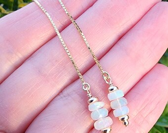 Ethiopian Opal Gemstone Threader Earrings Gold, Five Inch Earrings, Tiny Opal Gemstone Earrings, Long Gold Earrings, Multiple Piercings
