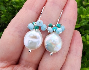 Freshwater Pearl Cluster Gemstone Earrings Sterling Silver, Larimar and Turquoise Cluster Earrings, Pretty Pearl Earrings, June Birthstone