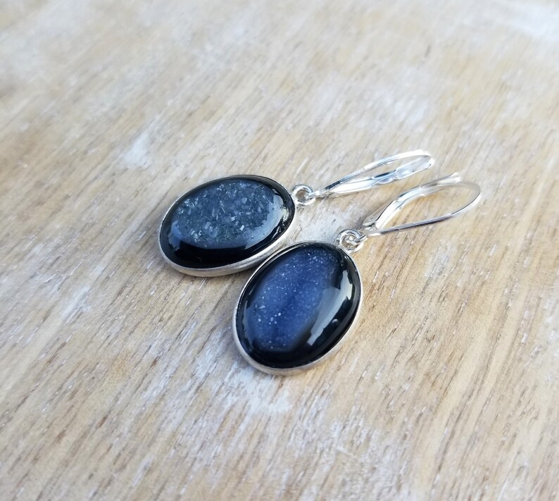 Black Agate Druzy Gemstone Earrings Black Agate Sparkly Earrings Small Black Oval Gemstone Earrings Sterling Silver Lever Back Earrings