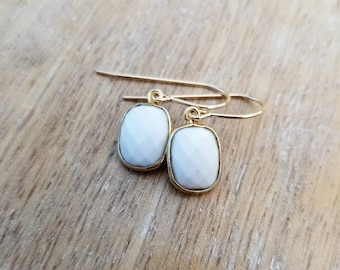 White Agate Gemstone Earrings Gold, Small White Dainty Gemstone Earrings, Rectangle Earrings, Gold Filled Earrings, Everyday Earrings Gold