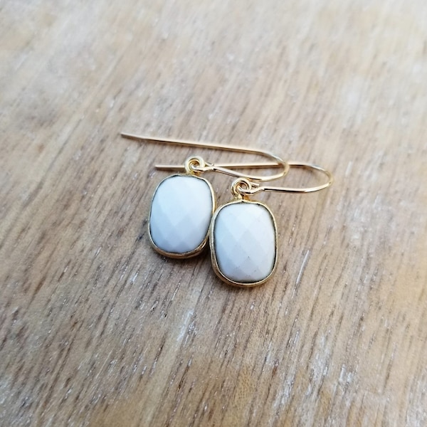 White Agate Gemstone Earrings Gold, Small White Dainty Gemstone Earrings, Rectangle Earrings, Gold Filled Earrings, Everyday Earrings Gold