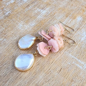 Pink Opal Gemstone and Freshwater Pearl Earrings Gold, Light Pink Gemstone Dangle Earrings, Stacked Gemstone Earrings, Pretty Pink Earrings