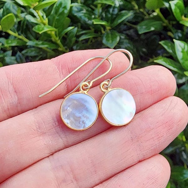 Mother of Pearl Earrings Gold, Small White Circle Shape Dangle Earrings, Bridal Earrings, June Birthstone Earrings, Mother of Pearl Jewelry